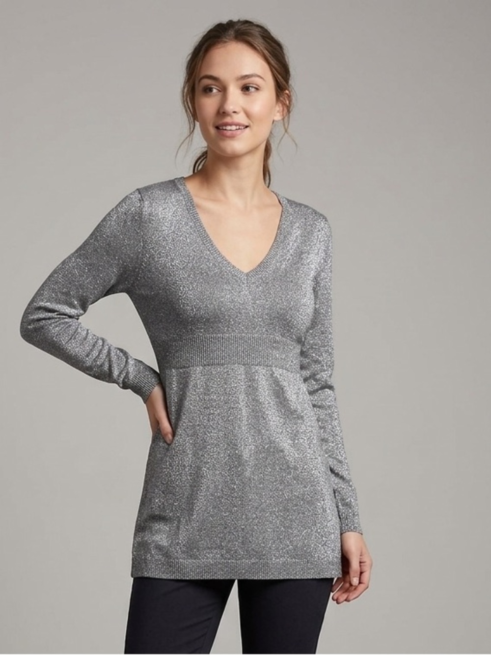 New York & Co Silver Shimmer Metallic Knit V-Neck Empire Waist Sweater S